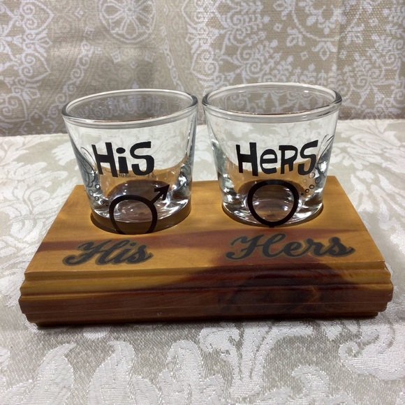 Other - Vintage His and Hers Shot Glass Set with Wood Holder